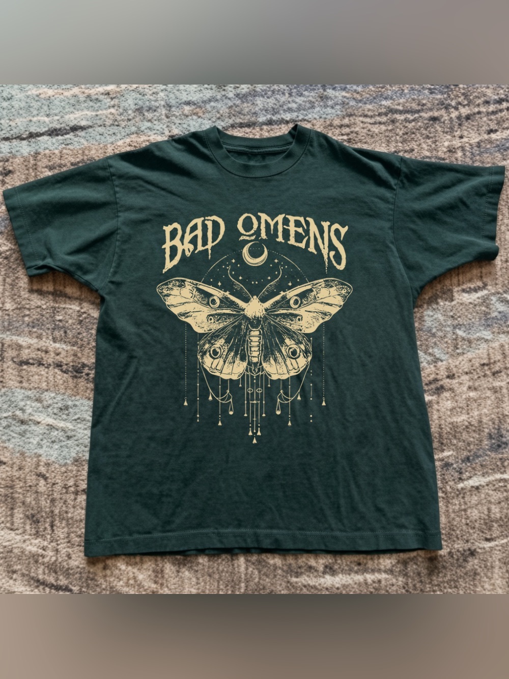 Bad Omens Moth Crescent Moon Forest Green Metal Graphic T-Shirt